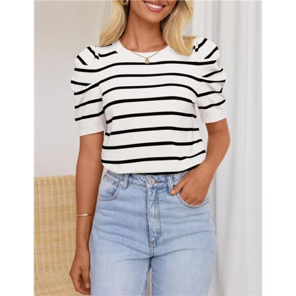Women's Trendy Summer Tops Lightweight Striped Puff Short Sleeve Crew Neck - Picture 2 of 6